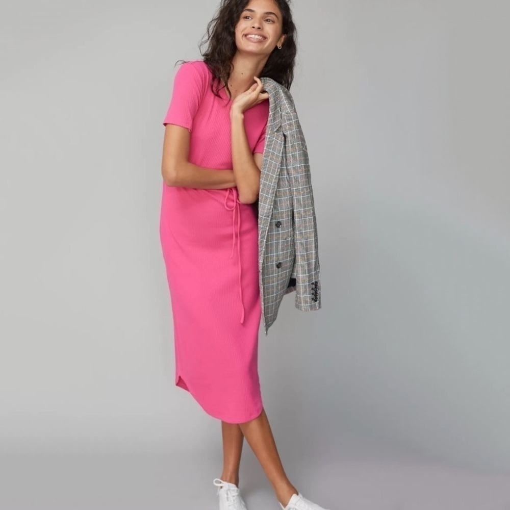 NWT Anthropologie Saturday/Sunday Addy Ribbed Tie Waist Midi Dress in Pink - Picture 1 of 7